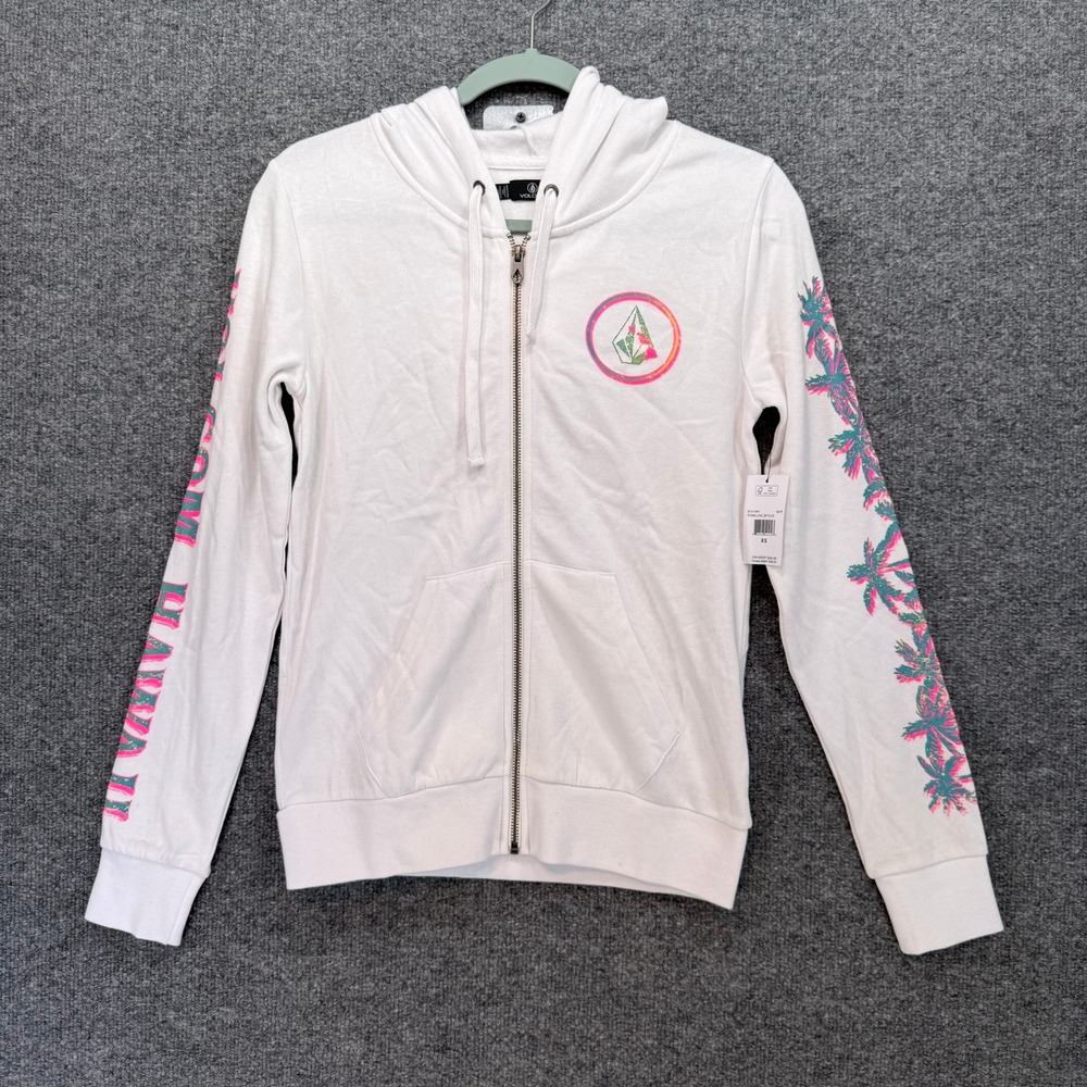 Volcom Hoodie Women XS White Hawaii Surf Skate Graphic Fleece Sweatshirt Y2K NEW